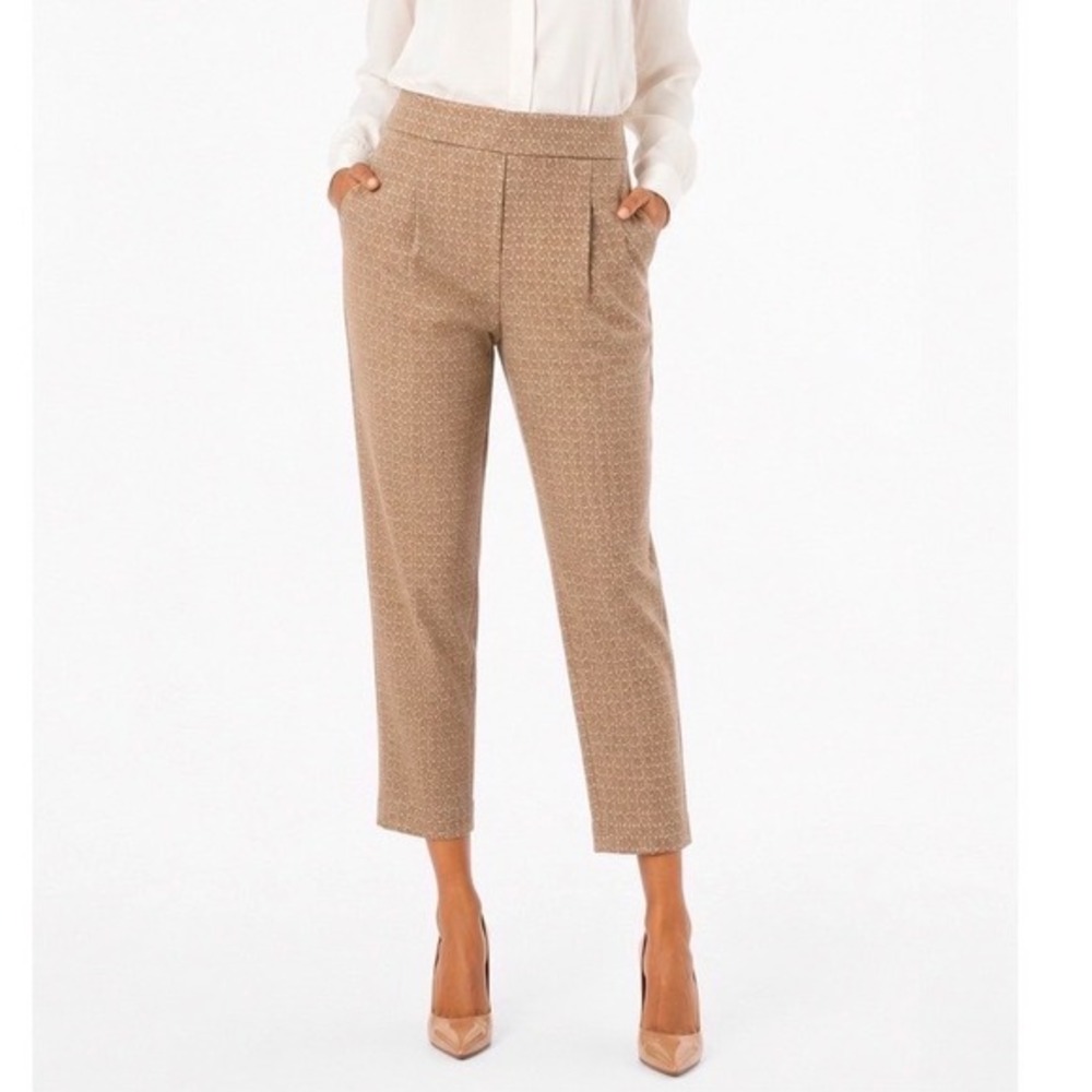 Ann Taylor Tan White Geometric Knit Pleated Ankle Pants L Career Preppy 87-12